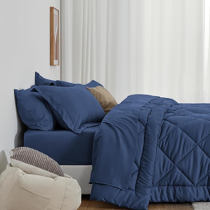 Love's cabin Twin Comforter Set Dark Blue, 5 Pieces Twin Bed in a Bag, All Season Bedding Sets with 1 Comforter, 1 Flat Sheet, 1 Fitted Sheet, 1 Pillowcase and 1 Pillow Sham