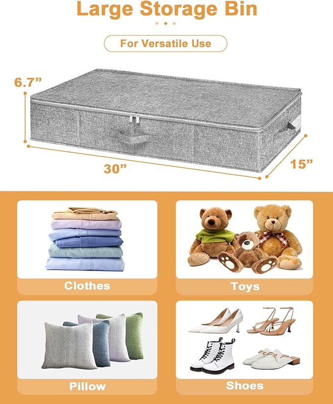 Under Bed Storage, 2 Pack Underbed Storage Container Bags With Lid, Foldable Sturdy Clothes Storage Drawer Organizer W/ 3 Handles, Ultra Thick Fabric Blanket Shoe Storage Box, 30x15x6.7inch, Grey