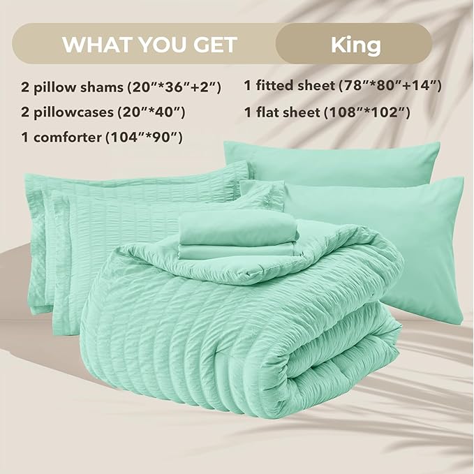 HYMOKEGE Mint Green King Size Comforter Set Seersucker 7 Pieces, All Season Luxury Bed in a Bag for Bedroom, Bedding Set with Comforter, Sheets, Pillowcases & Shams