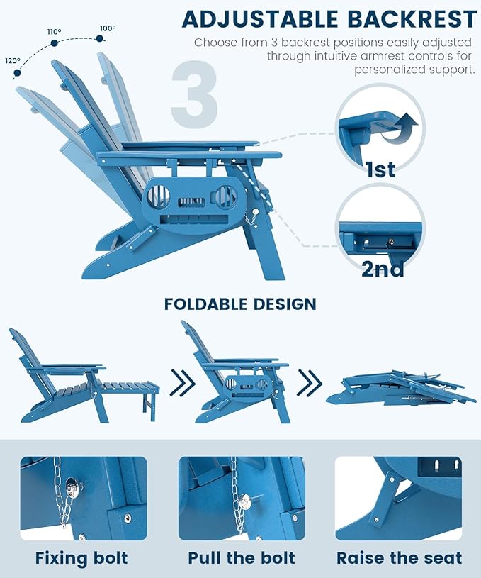 FOOWIN Folding Adjustable Adirondack Chair with Retractable Ottoman Set of 2, HDPE Adirondack Chair w/4 in 1 Cup Holder Trays,All-Weather Resistant Fire Pit Chair for Outdoor Patio Lawn, Pacific Blue