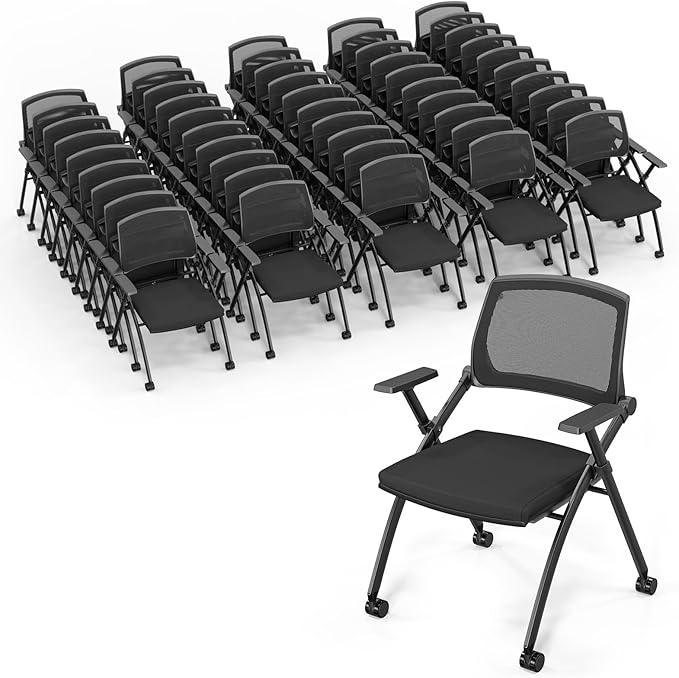 VINGLI 50 Pack Stackable Conference Room Chairs with Wheels, Folding Office Chair with Rebound Back, Padded Seat for Training Room, Guest, Reception, Event, Capacity 350lbs, Black