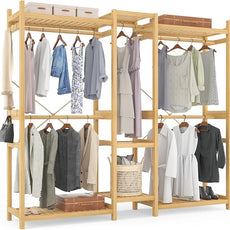 Homykic Bamboo Closet System Clothes Rack, Large Freestanding Garment Rack Clothing Rack for Hanging Clothes with 7 Storage Shelves and 5 Rods, Open Wardrobe Organizer with 4 Hooks, Natural