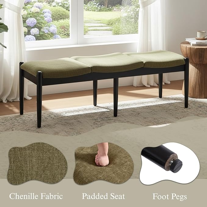 DUOMAY 55'' Modern Ottoman Bench, Chenille Upholstered Entryway Bench Bedroom Bench with Wood Legs, End of Bed Bench for Bedroom, Living Room, Corners, Kitchen, Green