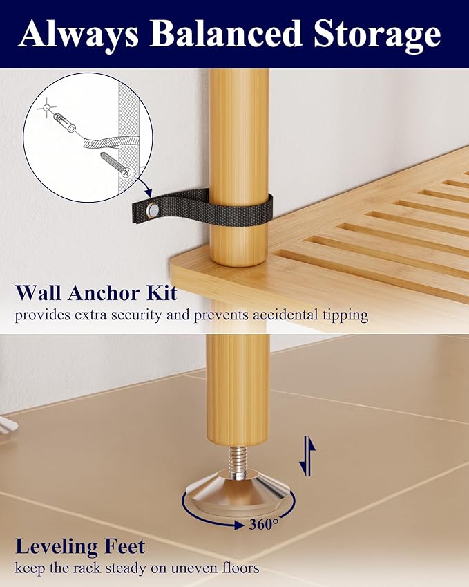 Kitsure Over The Toilet Shelf - 3-Tier Bamboo Bathroom Organizers and Storage with Paper Holder, Over Toilet Bathroom Organizer with Wall Anchor for Balcony, Laundry, Natural, 3 Tiers (63" H)