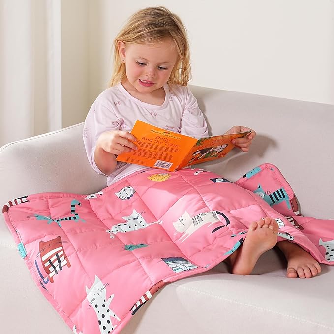 Kivik Soft Weighted Lap Blanket 2 lbs, Small Weighted Lap Pad, Breathable Heavy Throw Blankets for School Calming & Bed Sleeping, Machine Washable, 20 x 30 Inches, Cute Cat Printing, Pink