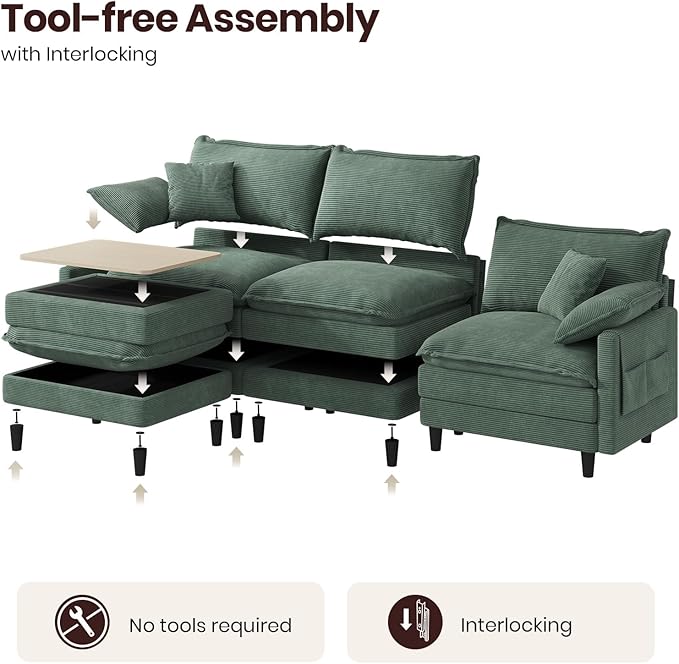 108" L Shaped Modular Sectional Cloud Couch with Ottoman, Snap-on Easy Installation 3 Seater Deep Seat Sofa with Storage Bag and Coffee Table for Living Room, Corduroy, Green