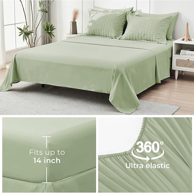 HYMOKEGE Light Green Twin Comforter Set Seersucker 5 Pieces, All Season Luxury Bed in a Bag for Bedroom, Bedding Set with Comforters, Sheets, Pillowcase & Shams