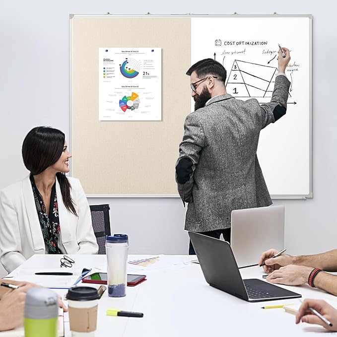 DOLLAR BOSS Foldable Linen Cork Board White Board Combo 48 x 36 in Extra Large Magnetic Whiteboard Dry Erase Bulletin Board Portable Double Sided Aluminum Frame Pin Board for School Office, White