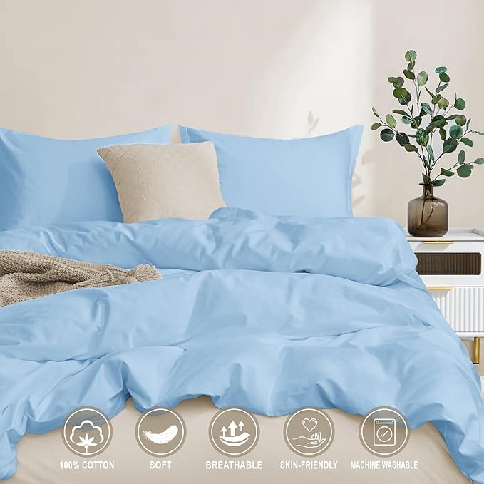 100-Percent Cotton Duvet Cover Set, Hidden Zipper Closure, Ultra Soft, Easy Care and Durable, Simple Bedding Style, Queen, Light Sky Blue (Comforter Not Included)