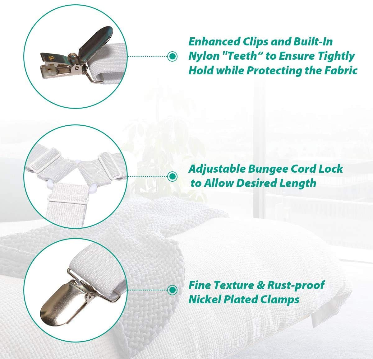 Bed Sheet Fasteners, Adjustable Mattress Suspenders, Mattress Cover Straps, Bed Corner Holder and Keepers and the Bed Sheet Grippers Clips (Triangle White Set of 4) Dormly