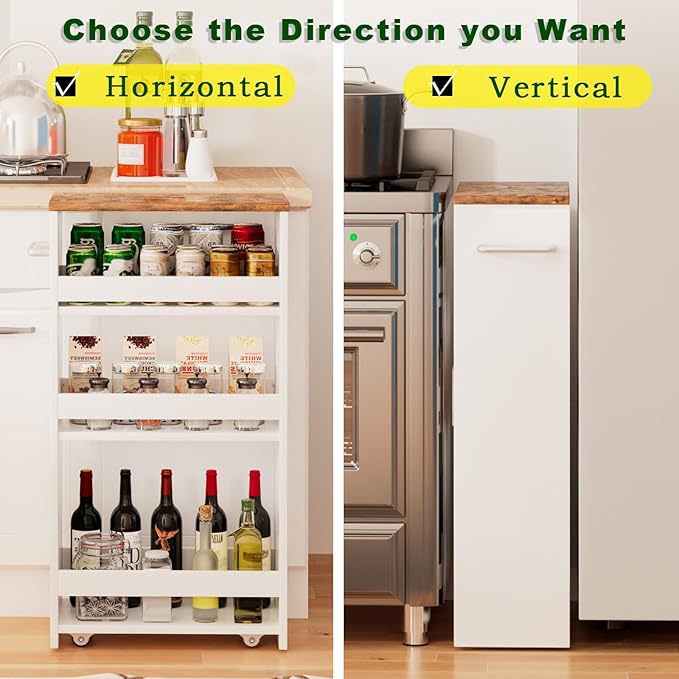 TEAMIX 4 Tier White Slim Storage Cart with Handle, 7.9''W Slide Out Storage Rolling Utility Cart Mobile Shelving Unit Organizer Trolley for Small Spaces Kitchen Laundry Narrow Places