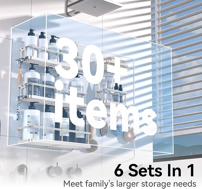 YASONIC Shower Caddy, 6 Pack Large Capacity Bath Organizer with Soap Holder and 12 Hooks, Rustproof Bathroom Shelves for Inside Shower, No Drilling&Sleek Bathroom Organizers and Storage Silver