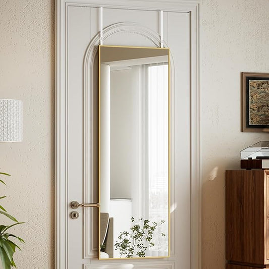 VooBang 14" x 48" Adjustable Height Over The Door Mirror - Rectangular Full Length Hanging Door Mirror with Shatterproof Tempered Glass Gold Metal Frame for Dormitory