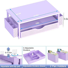 Spacrea Desk Organizer and Accessories, Computer Monitor Stand Riser with Drawer and 2 Pen Holders, Office Desk Accessories & Workspace Organizers for Office Supplies (Purple)