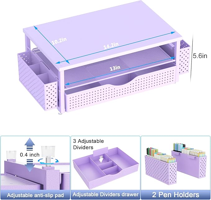 Spacrea Desk Organizer and Accessories, Computer Monitor Stand Riser with Drawer and 2 Pen Holders, Office Desk Accessories & Workspace Organizers for Office Supplies (Purple)