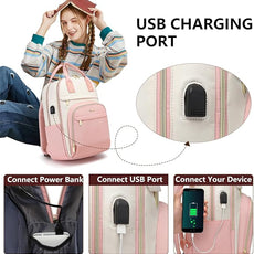 Laptop Backpack Women Work Bags - 15.6 inch Travel Backpack with USB Charger College Bookbag Waterproof Business Computer Backpack Anti-theft Casual Work Backpacks for Women Nurse Teacher Beige-Pink