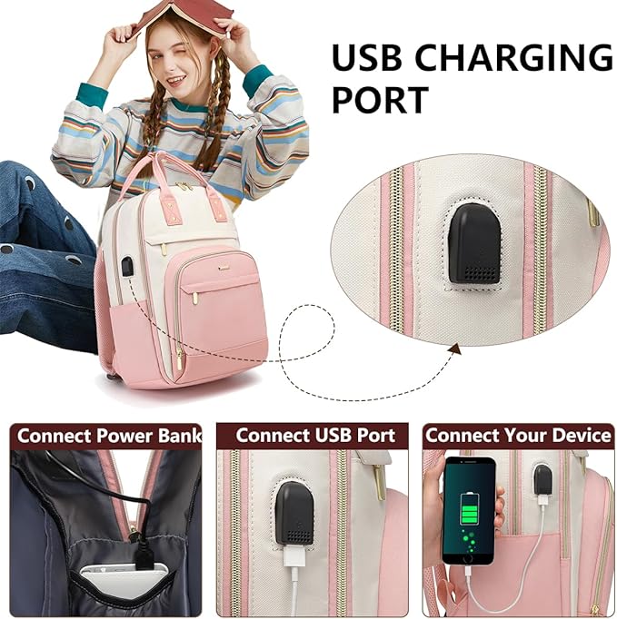 Laptop Backpack Women Work Bags - 15.6 inch Travel Backpack with USB Charger College Bookbag Waterproof Business Computer Backpack Anti-theft Casual Work Backpacks for Women Nurse Teacher Beige-Pink