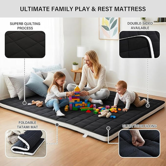 Tiita Japanese Floor Mattress, 4” Thicken Futon Mattress with Storage Bag and 2 Straps， Twin Size Sleeping Tatami Mat for Adults，Black