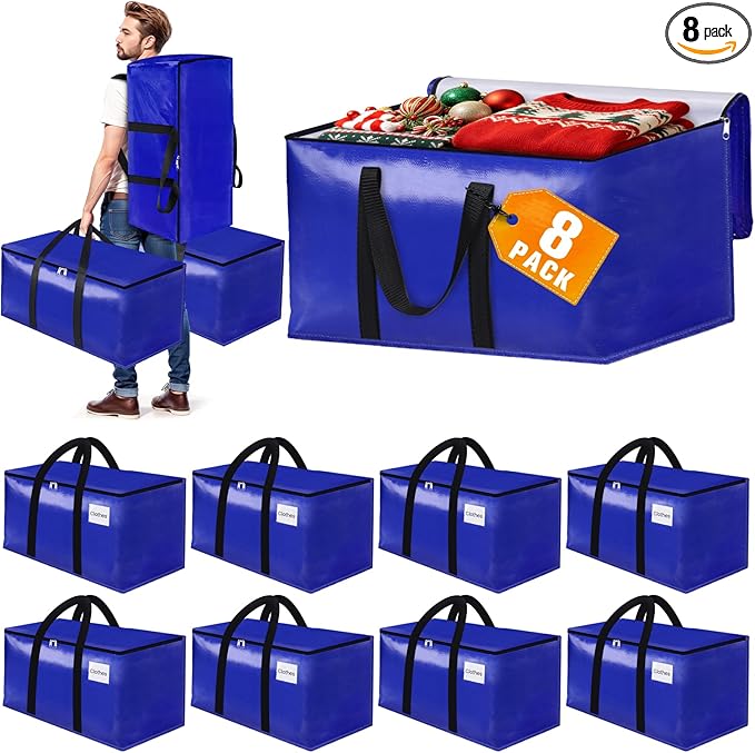 8-Pack Moving Bags with Backpack Straps & Carry Handles, 25 Gallons-93 L Heavy Duty Storage Totes for Space Saving, Foldable Storage Bags for College Dorm, Travel, Camping (Blue)