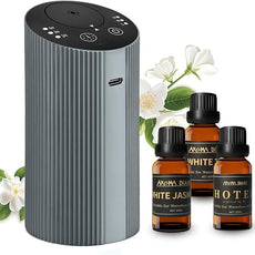 Waterless Essential Oil Diffuser Starter Kit for Home Car Office, Small Scent Diffuser with 60mL Fragrance Oil, Battery Operated, Portable Aromatherapy Diffuser Machine，Silvergrey with Hotel Scent