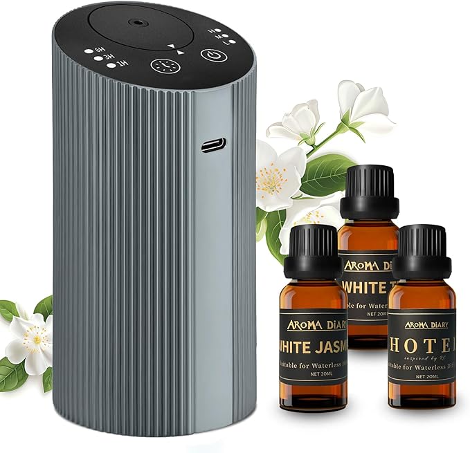 Waterless Essential Oil Diffuser Starter Kit for Home Car Office, Small Scent Diffuser with 60mL Fragrance Oil, Battery Operated, Portable Aromatherapy Diffuser Machine，Silvergrey with Hotel Scent