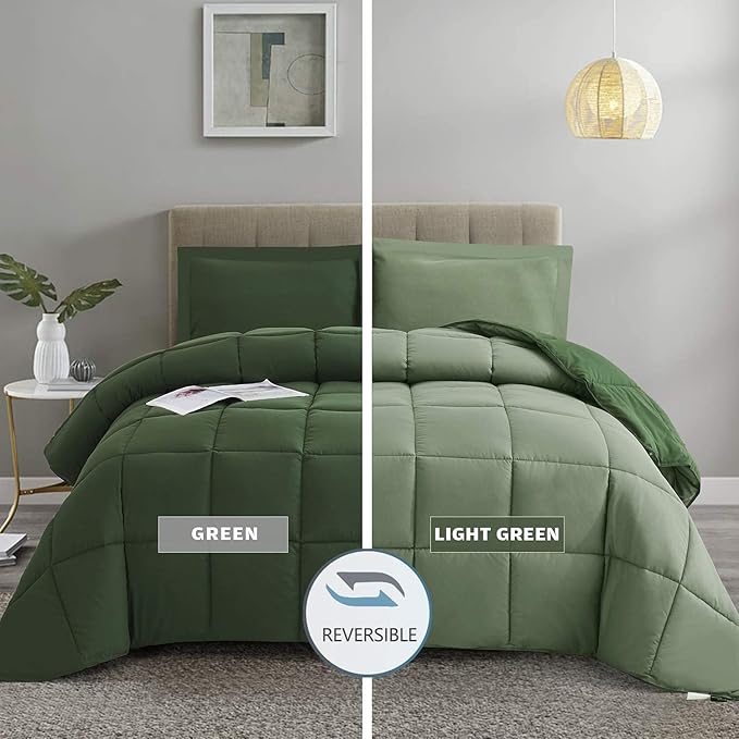 HIG 3pc Green Queen Size Comforter Set - All Season Reversible Down Alternative Bedding Comforter Set - Quilted Duvet Insert with Corner Tabs - Box Stitched Blanket - Breathable, Soft, Fluffy