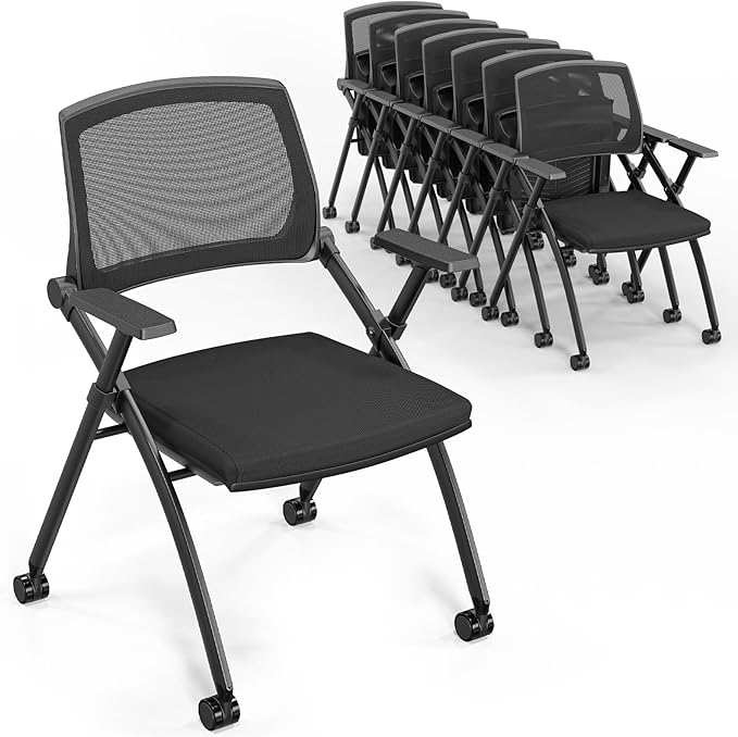 VINGLI 8 Pack Stackable Conference Room Chairs with Wheels, Folding Office Chair with Rebound Back, Padded Seat for Training Room, Guest, Reception, Event, Capacity 350lbs, Black