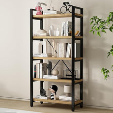 Real Solid Wood Bookshelf Shelves Rustic Vintage Industrial Etagere Bookshelf, Metal & Timber Free Vintage Bookcase, (Genuine Timber) (5-Tiers-Real Wood)