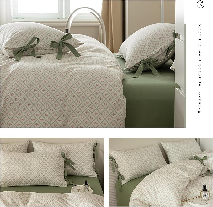 mixinni Red Floral Duvet Cover Set Twin Size - 100% Cotton Green Grid Bedding with Bow Ties, 3PC Cottagecore Comforter Cover (1 Duvet Cover + 2 Pillowcases) Vintage Garden Style Soft Aesthetic