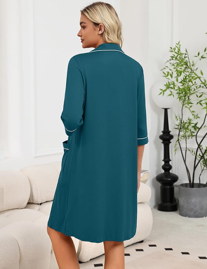 Ekouaer Zipper Robes for Women 3/4 Sleeve Housecoats Knee Length Bathrobe Lightweight Nightgown with Pockets S-3XL