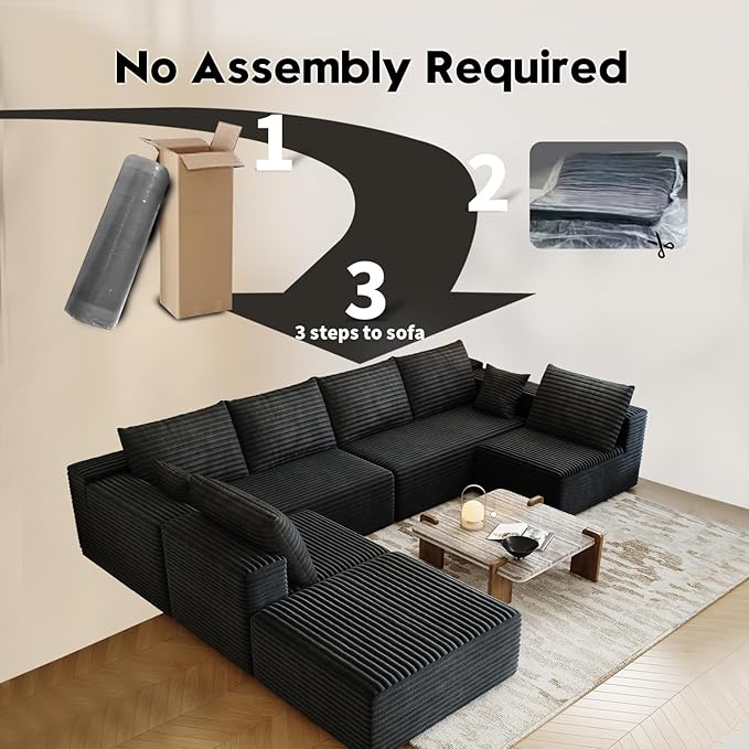 139.4" Modular Sectional Sofa, Oversized U-Shaped Minimalist Couches with 2 Middle Seats and 1 Ottoman Chaise, Modern Deep Seat Convertible Sleeper Sofa, Cloud Plush Corduroy Fabric,7 Seater, Black