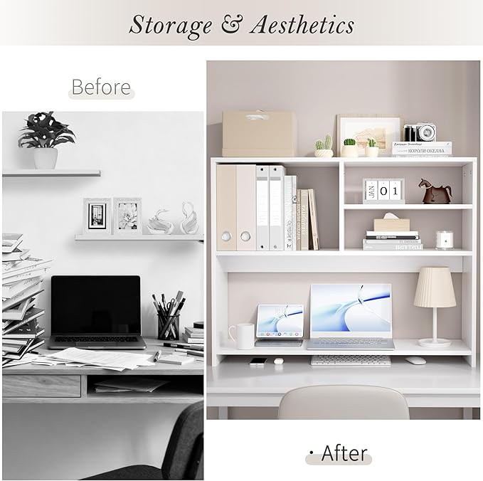 Jerry & Maggie Desktop Bookshelf Organizer, 4-Tier Desk Shelf with Hutch for Computer Desk, Wall Shelf Organizer & Room Decor Aesthetic, Dorm & Office Storage for Books, Laptop (White/38 in)