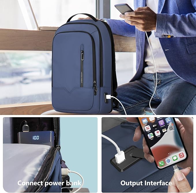 hk Laptop Expandable Smart Business Travel Work Backpack with USB Charging Port,Water Resistant Anti-theft Lightweight 15.6 Inch Computer Laptop Bag for Men Women Office College Commute-Blue