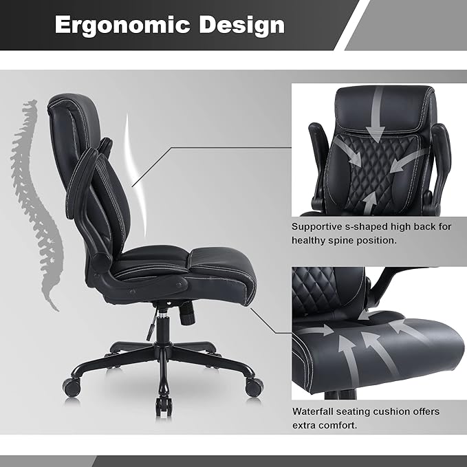Youhauchair Executive Office Chair, Ergonomic PU Leather Computer Desk Chair with Lumbar Support, Flip-up Armrests and Adjustable Height, for Home Office, Black