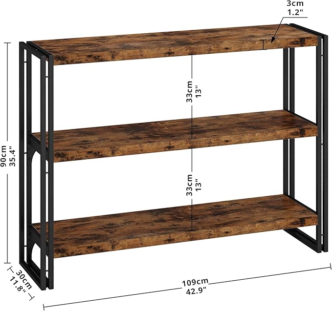 IRONCK Bookshelf Industrial 3 Shelf Bookcase, Wood Storage Shelf with Metal Frame for Living Room, Vintage Brown
