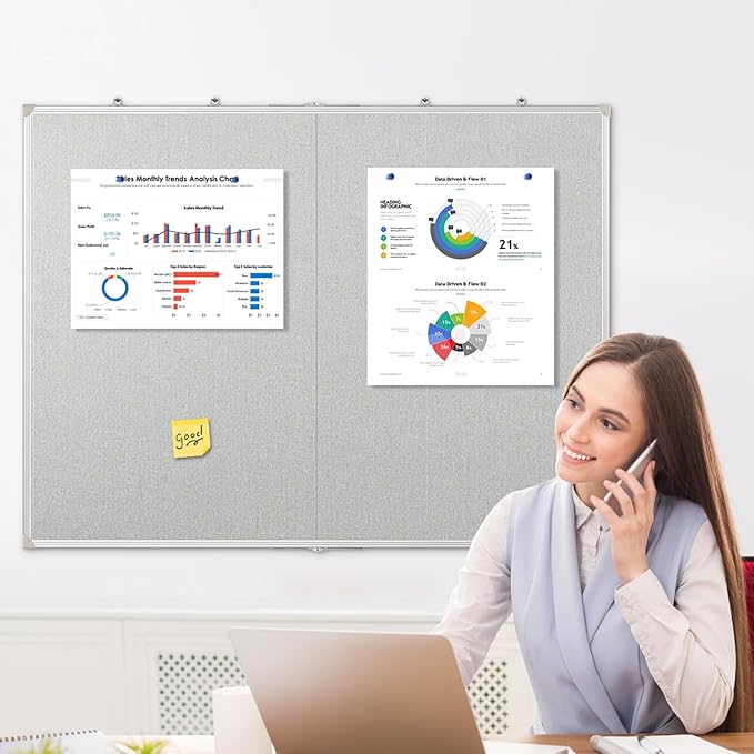 DOLLAR BOSS Foldable Linen Board, 60 x 40 Inch Corkboard, Large Bulletin Board, Portable Double Sided Aluminum Frame Wall Mounted Pin Board for Office School Dorm Supplies with 20 Push Pins, Grey