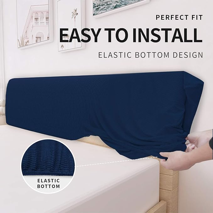 Easy-Going Stretch Bed Headboard Cover,Small Square Jacquard Headboard Slipcover, Dustproof Bed Head Cover for Bedroom (Queen,Navy)