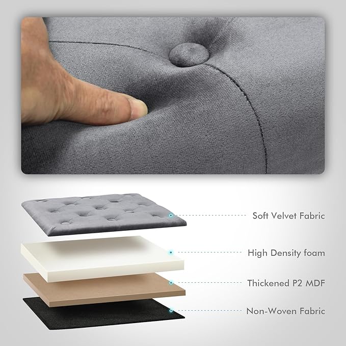 B FSOBEIIALEO Storage Ottoman Cube, Velvet Tufted Folding Ottomans with Lid, Footstool Rest Padded Seat for Bedroom (Grey, Medium)