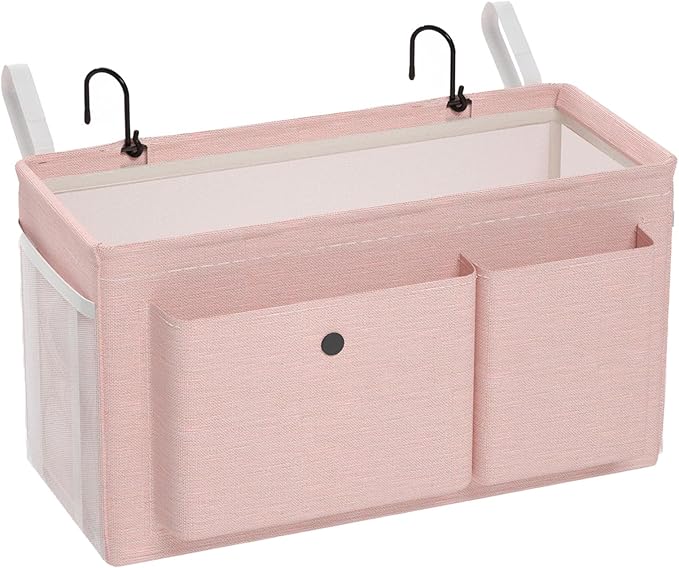 Bedside Caddy Bedside Organizer with Fixed Straps & Water Bottle Holder, Bunk Bed Caddy ideal for Home, Dorm, Hospital, Crib, Versatile Bedside Storage Solution (Pink)