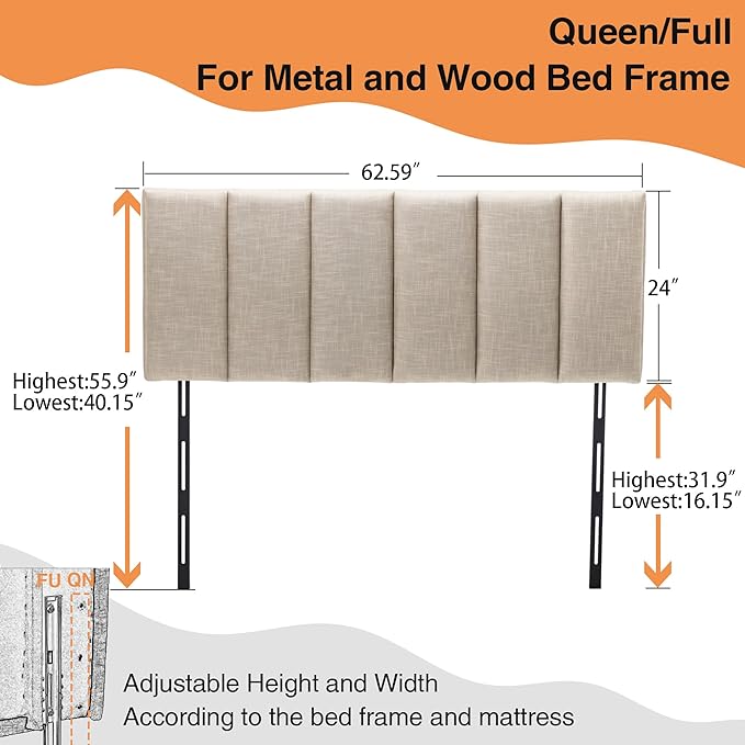 Yongchuang Upholstered Queen Headboard Linen Headboard for Queen Size Bed Adjustable Height Modern Head Board Panel Oatmeal
