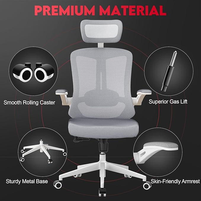 Ergonomic Office Chair - 400LB Comfy Desk Chairs with Adjustable Headrest and Lumbar Back Support, Mesh Computer Chairs with Wheels and Arms for Home Office, Study (669Gray-With Headrest)