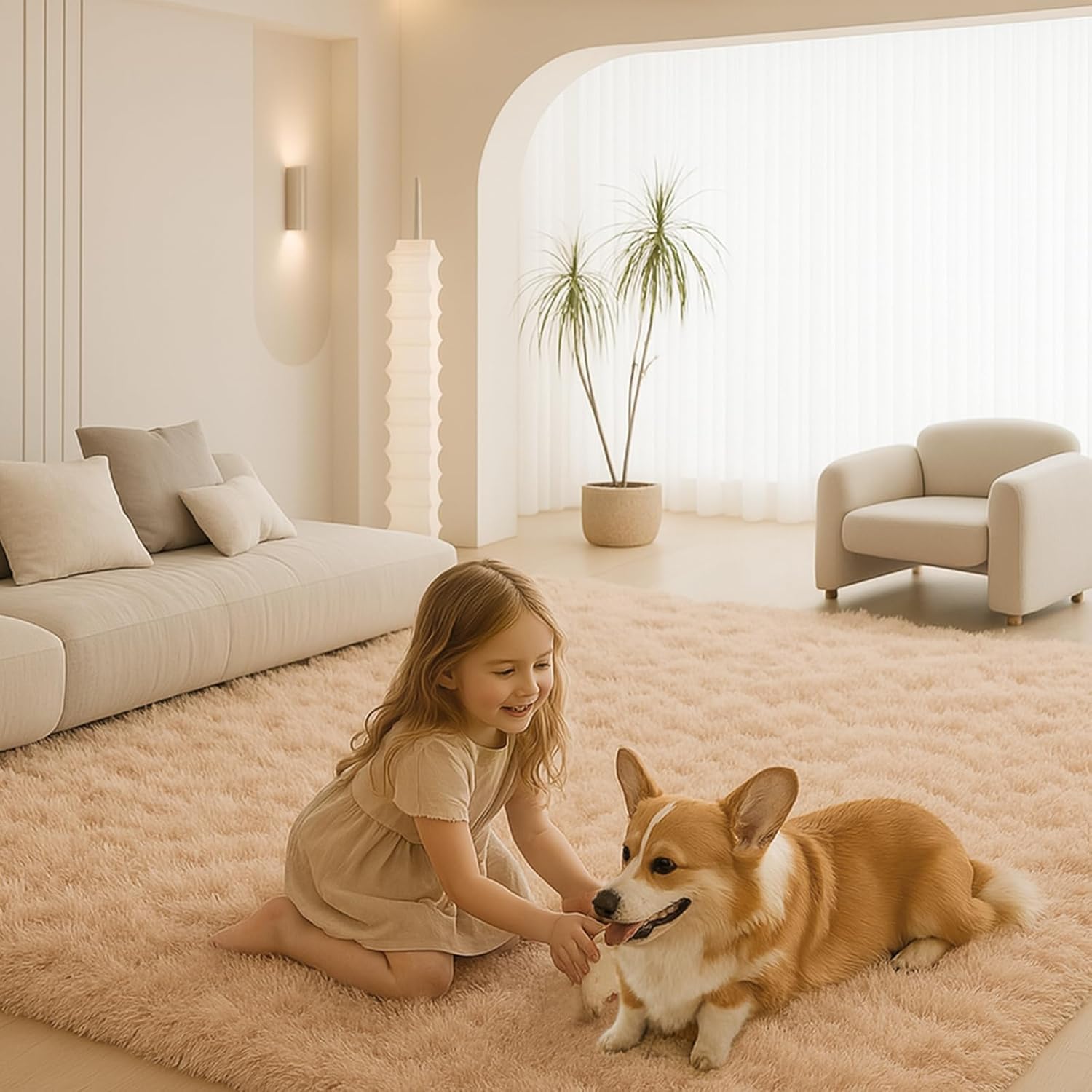 8x10 Area Rugs Living Room, Beige Large Plush Fluffy Bedroom Carpet, Non-Slip Upgraded Indoor Thick Soft Rug, Modern Plush Carpet Suitable for Kids Home Decor Aesthetics Dorm. Dormly