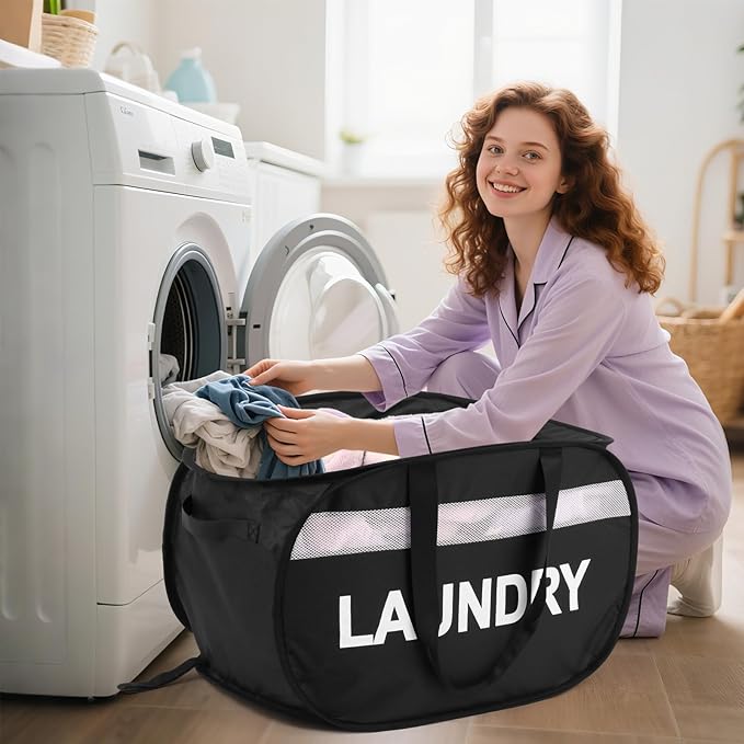 Collapsible Laundry Baskets, Tear-proof Dirty Clothes Hampers for Laundry, Foldable Laundry Basket with Dual Handles, Easy to Carry Pop Up Hamper for Bedroom, Bathroom, Dorm, Laundry Room Black