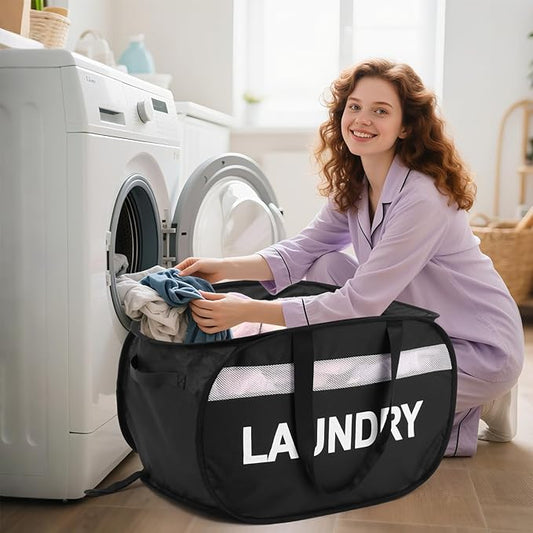 Collapsible Laundry Baskets, Tear-proof Dirty Clothes Hampers for Laundry, Foldable Laundry Basket with Dual Handles, Easy to Carry Pop Up Hamper for Bedroom, Bathroom, Dorm, Laundry Room Black