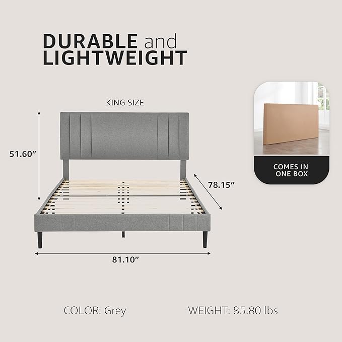 Decoro Chicago Modern Tufted Upholstered Platform King Size Bed Frame, Grey