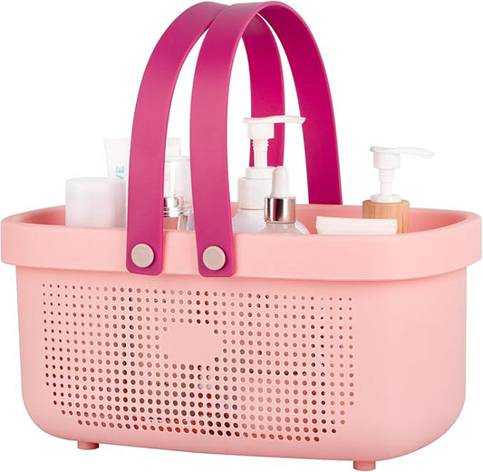JiatuA Plastic Storage Basket with Handle Portable Shower Caddy Tote Organizer Basket Bin for Bathroom Kitchen Dorm Room Bedroom, Light Pink