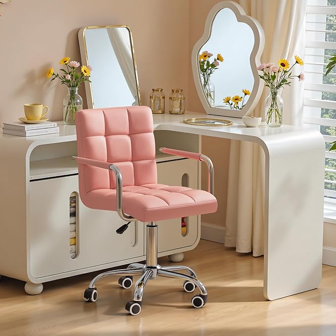 Furmax Mid-Back Office Task Chair Ribbed PU Leather Executive Chair Modern Adjustable Home Desk Chair Retro Comfortable Work Chair 360 Degree Swivel with Arms (Pink)