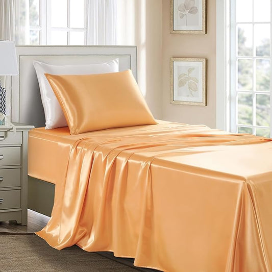 Satin Sheets Twin Size - 3 Pieces Luxury Silky Soft Bed Sheets for Kids, Wrinkle-Free Gold Satin Silk Sheet Set with 1 Deep Pocket Fitted Sheet, 1 Flat Sheet, 1 Pillow case