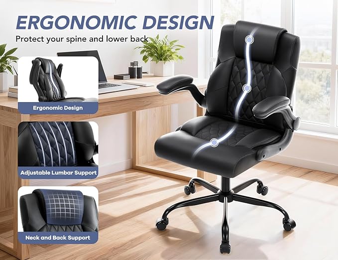 Office Chair with Adjustable Inflatable Lumbar Support,Leather Ergonomic Computer Desk Chair with Flip-up Arms,Adjustable Tilt Lock,Swivel Rolling Executive PC Chair for Work,Study,Meeting.Black