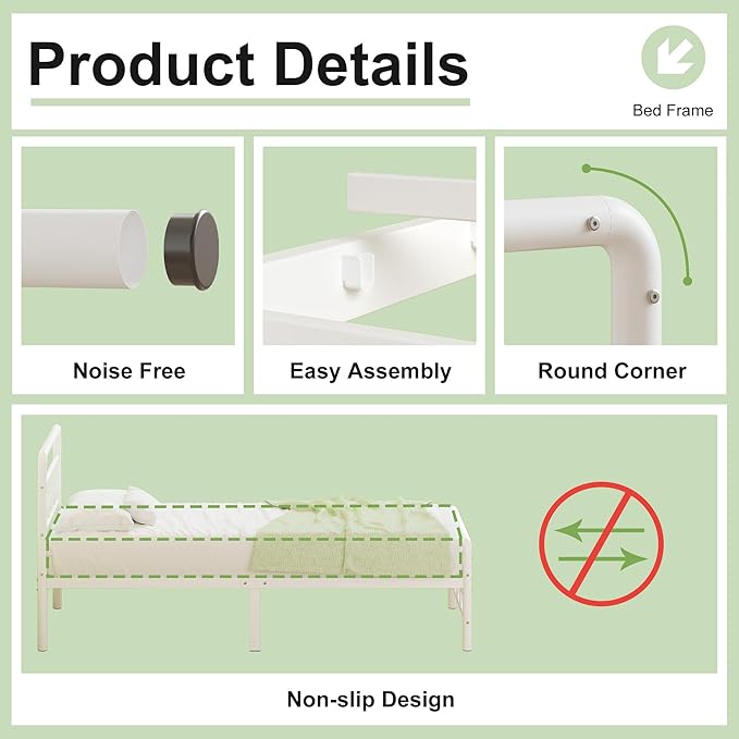 14 Inch White Twin Bed Frames with Victorian Headboard and Footboard, Heavy Duty Vintage Twin Bed Frame No Box Spring Needed, Metal Mattress Foundation, Easy Assembly